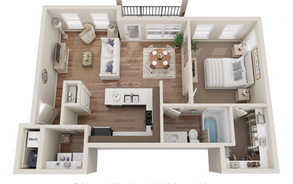 1A - 1 bedroom floorplan layout with 1 bath and 768 square feet.