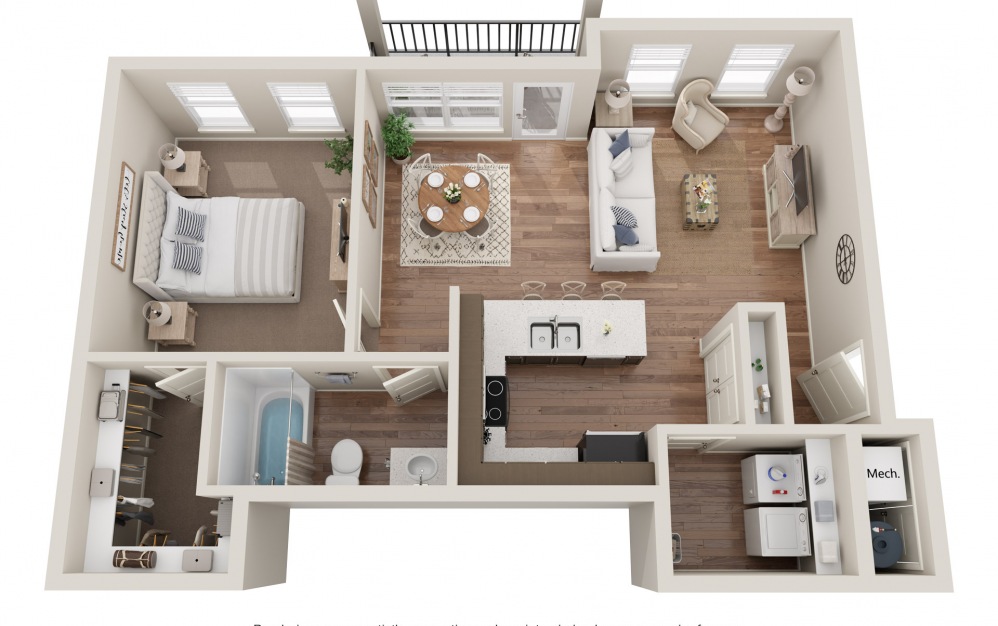 1B - 1 bedroom floorplan layout with 1 bath and 746 square feet.