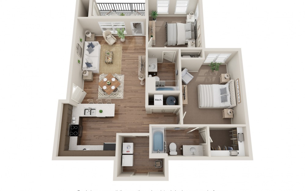 2A - Attached Garage - 2 bedroom floorplan layout with 2 baths and 1111 square feet.