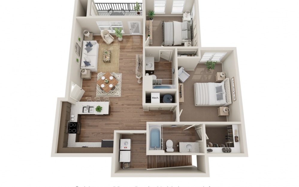 2B - Attached Garage - 2 bedroom floorplan layout with 2 baths and 1169 square feet.