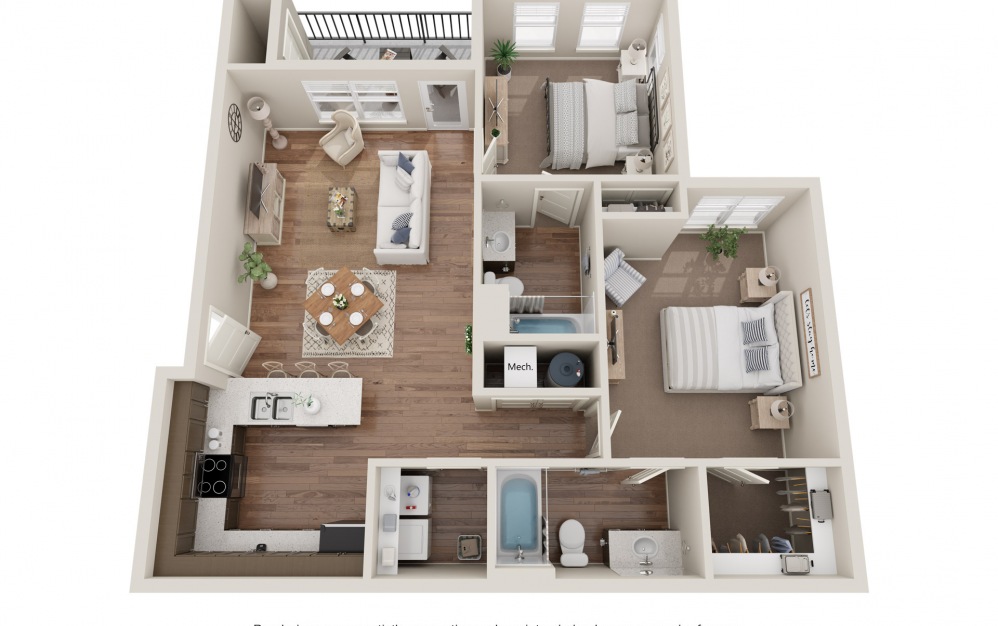 2C - 2 bedroom floorplan layout with 2 baths and 1069 square feet.