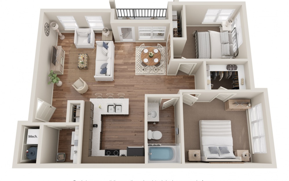 2D - 2 bedroom floorplan layout with 2 baths and 1077 square feet.