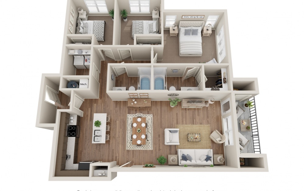 3A - Attached Garage - 3 bedroom floorplan layout with 2 baths and 1352 square feet.