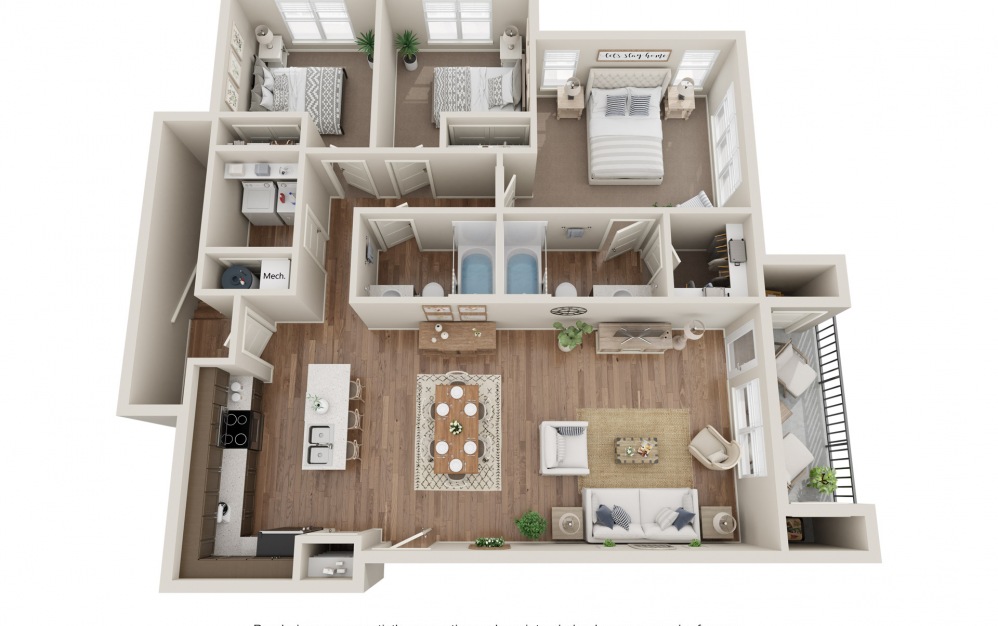 3B - Attached Garage - 3 bedroom floorplan layout with 2 baths and 1380 square feet.