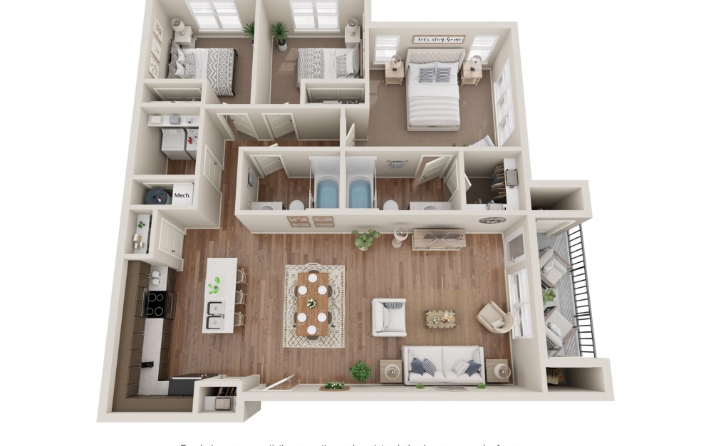 3C - 3 bedroom floorplan layout with 2 baths and 1311 square feet.