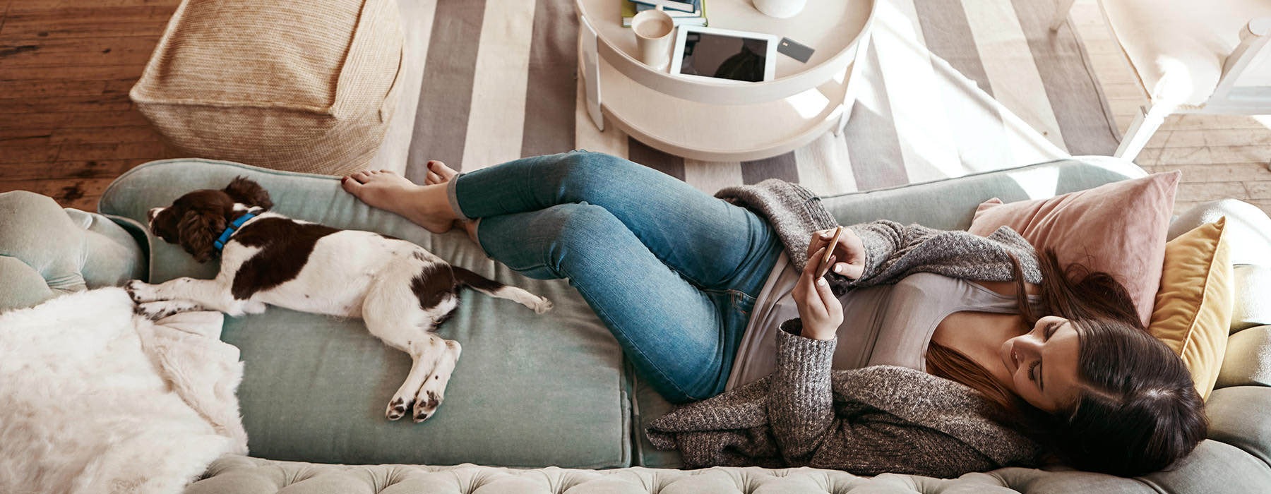 overhead shot of woman looking at her phone while lying on her couch next to her dog
